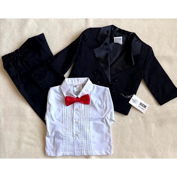 Vintage 90s MGM Kid's Fashion 4-Piece Tuxedo Suit Set Boys 12M Black White Bow - Picture 2 of 8